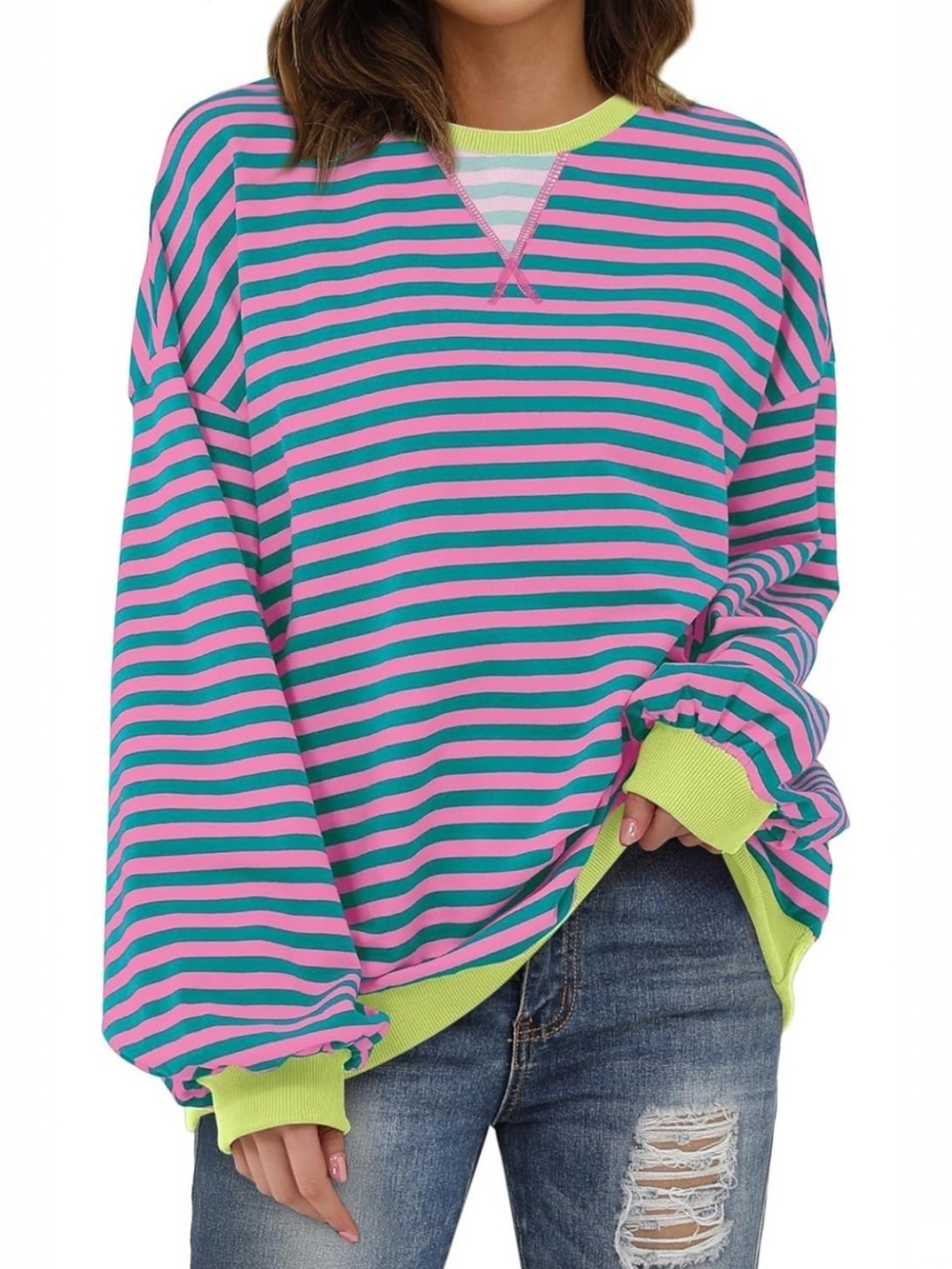 Amazon Xieerduo Womens CrewneckStriped Pink & Teal Sweatshirt with Lime Trim
